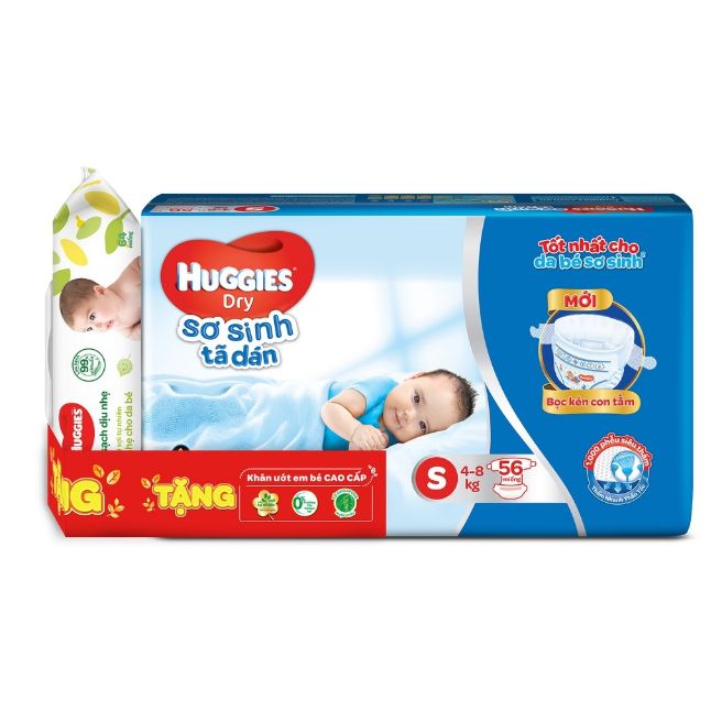 Tã dán sơ sinh Huggies S56, tặng khăn ướt Huggies 64 tờ.