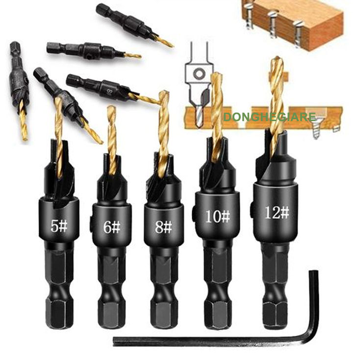 Bộ mũi khoan âm vít gỗ 2 tầng chuôi lục giác khoan mồi lỗ âm đầu vít 5 đến 12mm