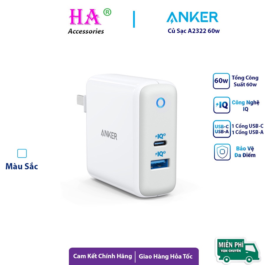 Củ sạc anker atom iii 60w , 1 cổng usb c 45w, 1 cổng usb a 15w - a2322