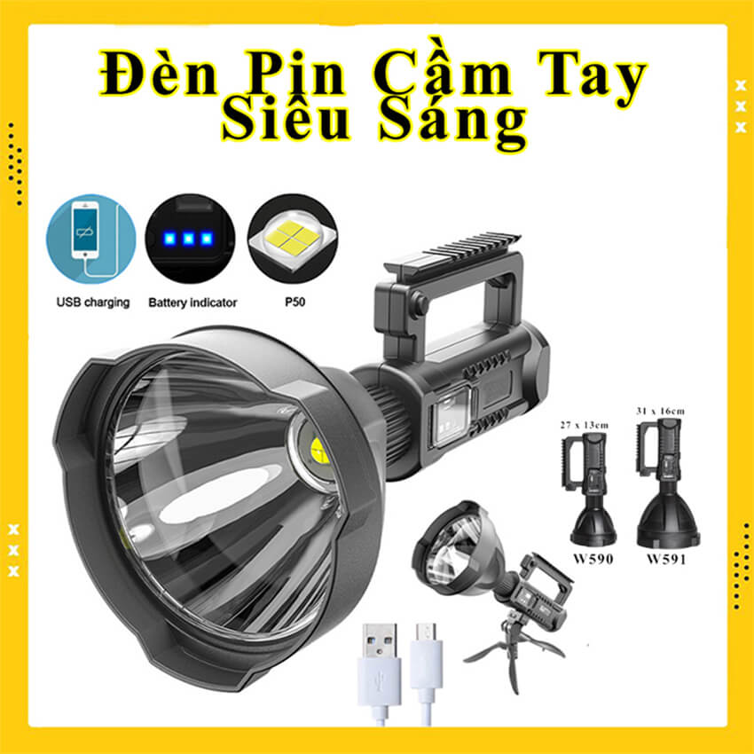 Đèn pin siêu sáng cầm tay có chân đế chống thấm nước W591 và W590, đèn pin cắm trại đã ngoại chiếu xa 500m-1000m, đèn pin tuần tra pin trâu 8000mAh