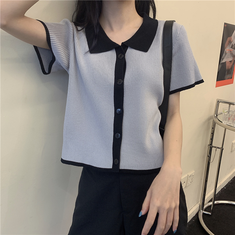 Áo croptop gân mỏng cộc tay cổ bẻ cài cúc thanh lịch thời trang mùa hè cho nữ