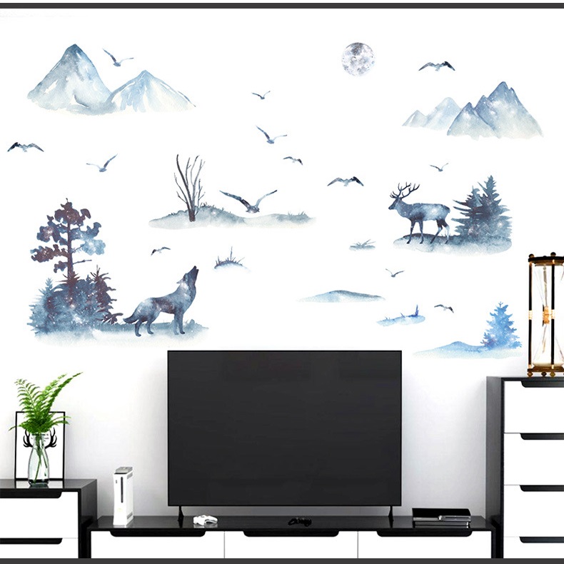 Decal dán trang trí tường phòng khách Tranh thủy mặc phong cảnh núi rừng AMYSHOP