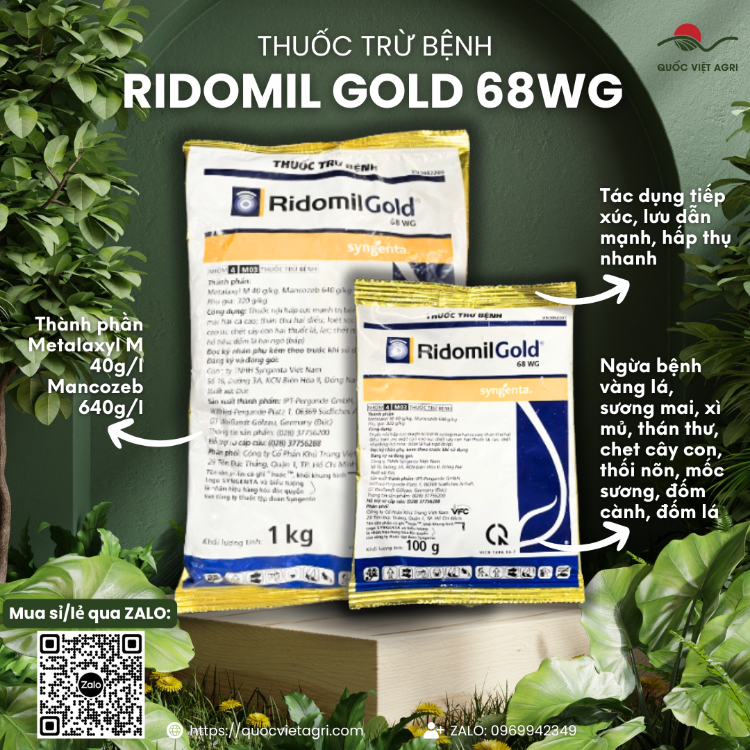 Thuốc trừ bệnh RIDOMIL GOLD 68WG (100g-1KG) - Metalaxyl M 40g/kg + Mancozeb 640g/kg Trừ bệnh thối rễ, thán thư, chết nhanh đốm lá