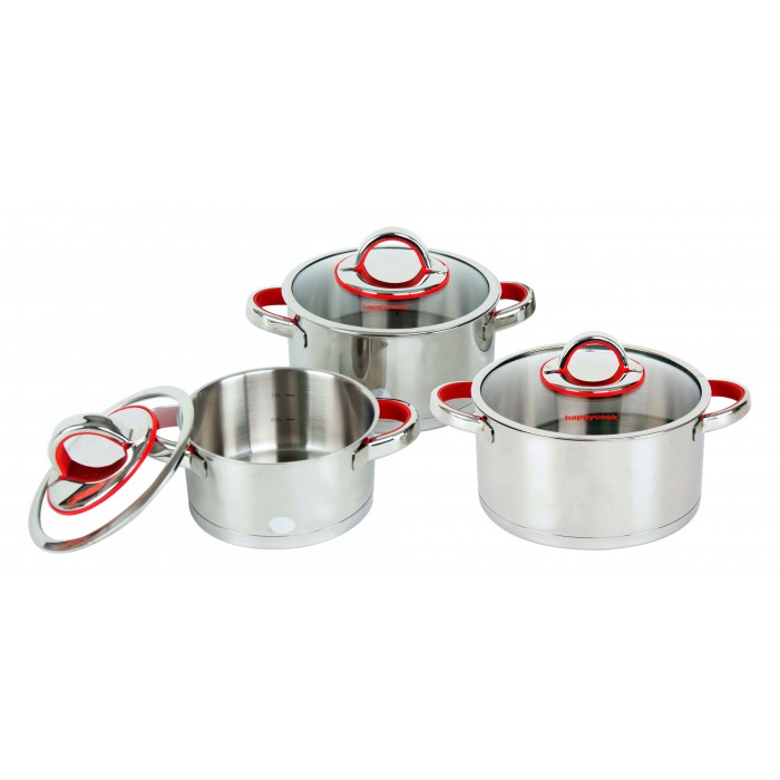 [HCM]Bộ Nồi Inox 304 Cao Cấp 3 Đáy Bếp Từ Nắp Kính Happy Cook Aries HC06AR