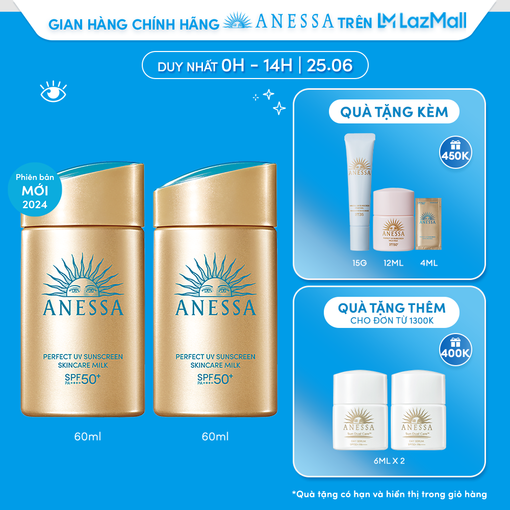 [0H-14H 25.6 | QUÀ 450K] Bộ 2 Kem chống nắng dạng sữa dưỡng da bảo vệ hoàn hảo Anessa Perfect UV Skincare Milk SPF 50+ PA++++ 60ml