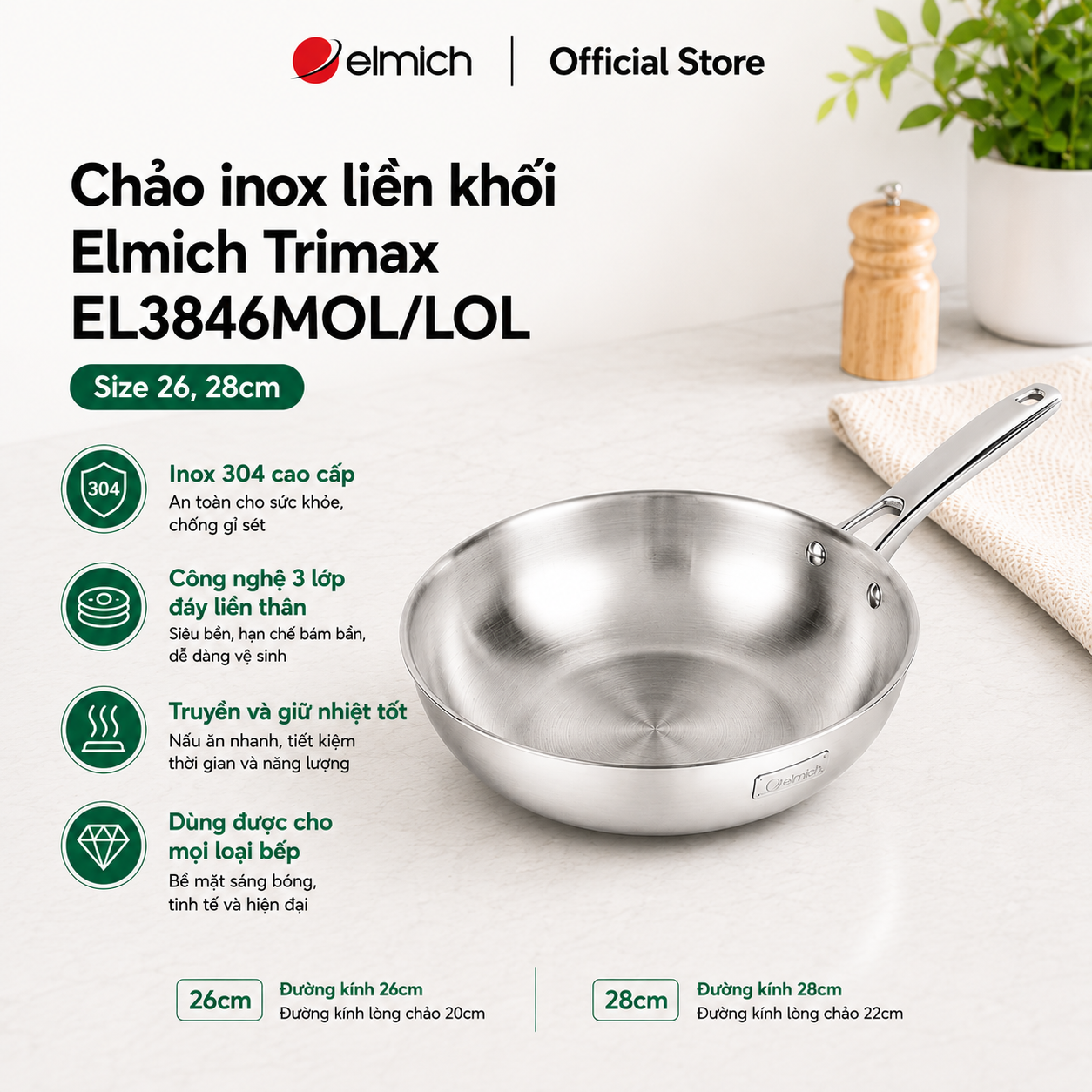 (Chỉ 15-17.07)Chảo Inox nguyên khối Elmich Trimax EL 3846MOL/LOL size 26,28cm