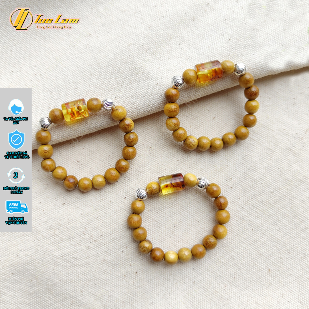 Vòng tay cho bé hạt dâu tằm bi bạc mix lu thống hổ phách hoa tự nhiên mang lại bình an - Tuệ Lâm