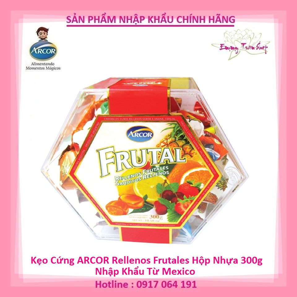 Kẹo Cứng Caramel ARCOR Rellenos Frutales - Hộp nhựa Lục Giác 300gr - Nhập Khẩu từ Mexico ( Emmy Tran Shop)