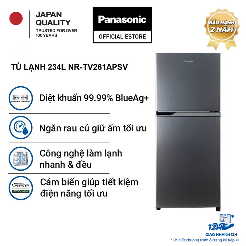 [Trả góp 0%] Tủ lạnh Panasonic Inverter 234 lít NR-TV261APSV - Diệt khuẩn 99.99% - Tiết kiệm điện - Bảo hành chính hãng 24 tháng