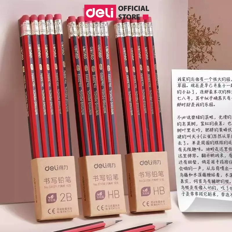 Hộp 10/12 bút chì lục giác Deli 2B/HB kèm đầu tẩy - chất liệu gỗ an toàn dễ gọt phù hợp với học sinh văn phòng gỗ Set 10/12 chiếc - 33158 / 33159