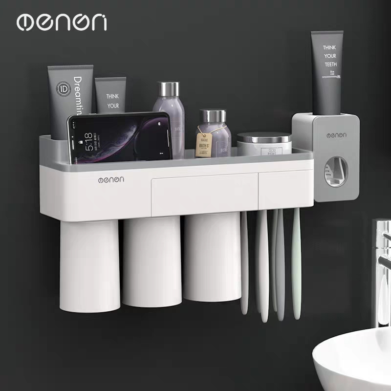 Kệ Nhà Tắm Thông Minh Kèm 3 Cốc Hút Từ Tính + Dụng Cụ Nhả Kem Đánh Răng Tự Động - Oenon