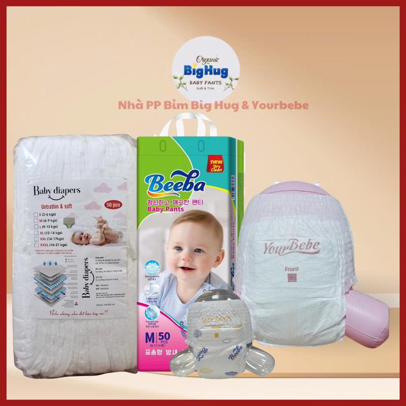 YourBeBe và Bao Bì BeeBa  : Combo 100 bỉm quần YouBebe hoặc Beeba .  Hàng Đủ size M Đến 3XL. Bỉm mỏng 2mm. Thấm hút 500ml -800ml Cho Bé Voi tả  your bebe 1