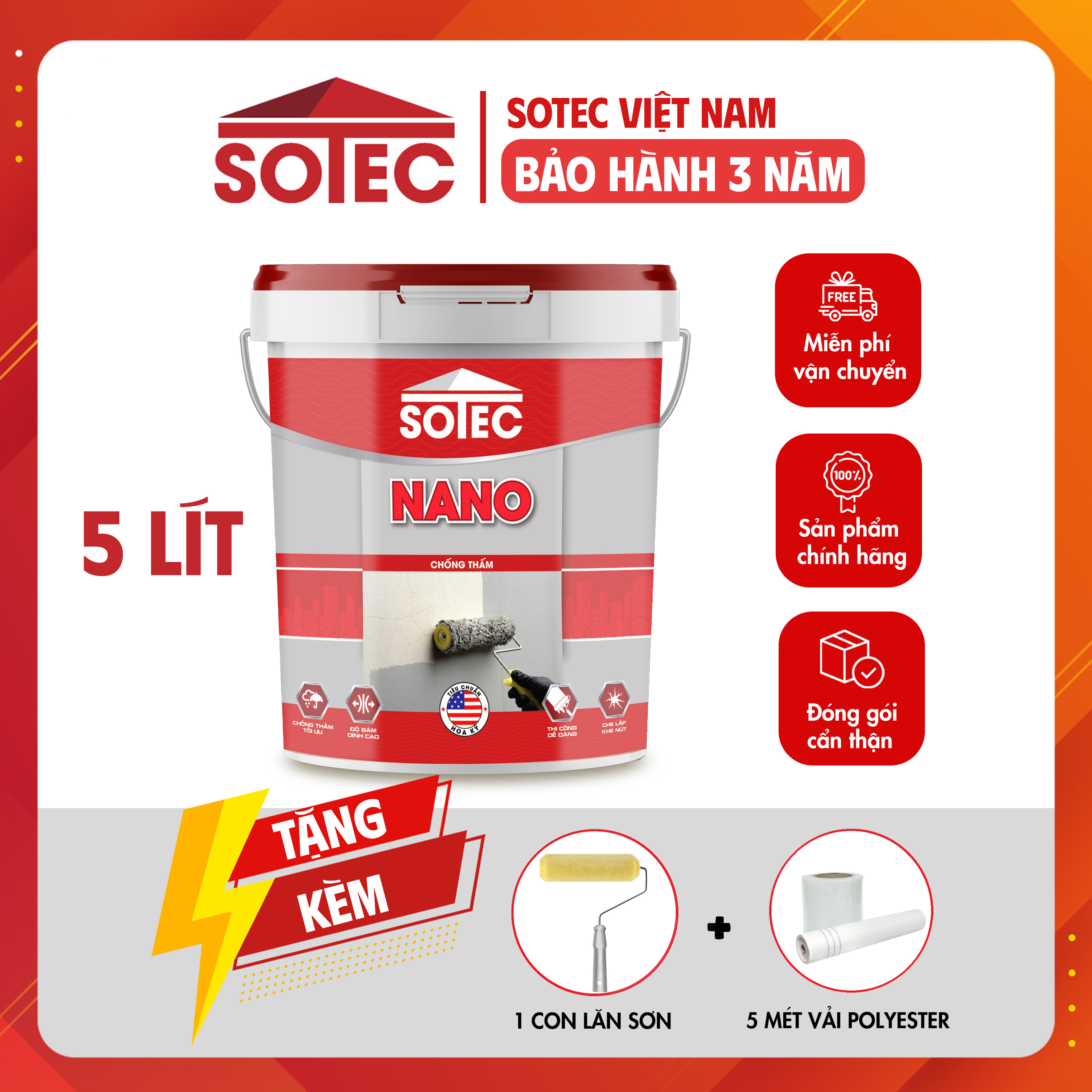  Keo chống thấm SOTEC - NANO ĐA NĂNG  5 Lít  ngăn sự thấm nước từ bên ngoài bảo vệ trần nhà sàn nhà khỏi ẩm rêu mốc. 