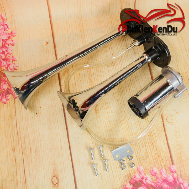 Còi hơi, kèn tự sinh hơi óng loa dài 20CM-45CM, mạ CROM, dùng cho ô tô, xe tải, xe máy 12V/24V - HORN TECH