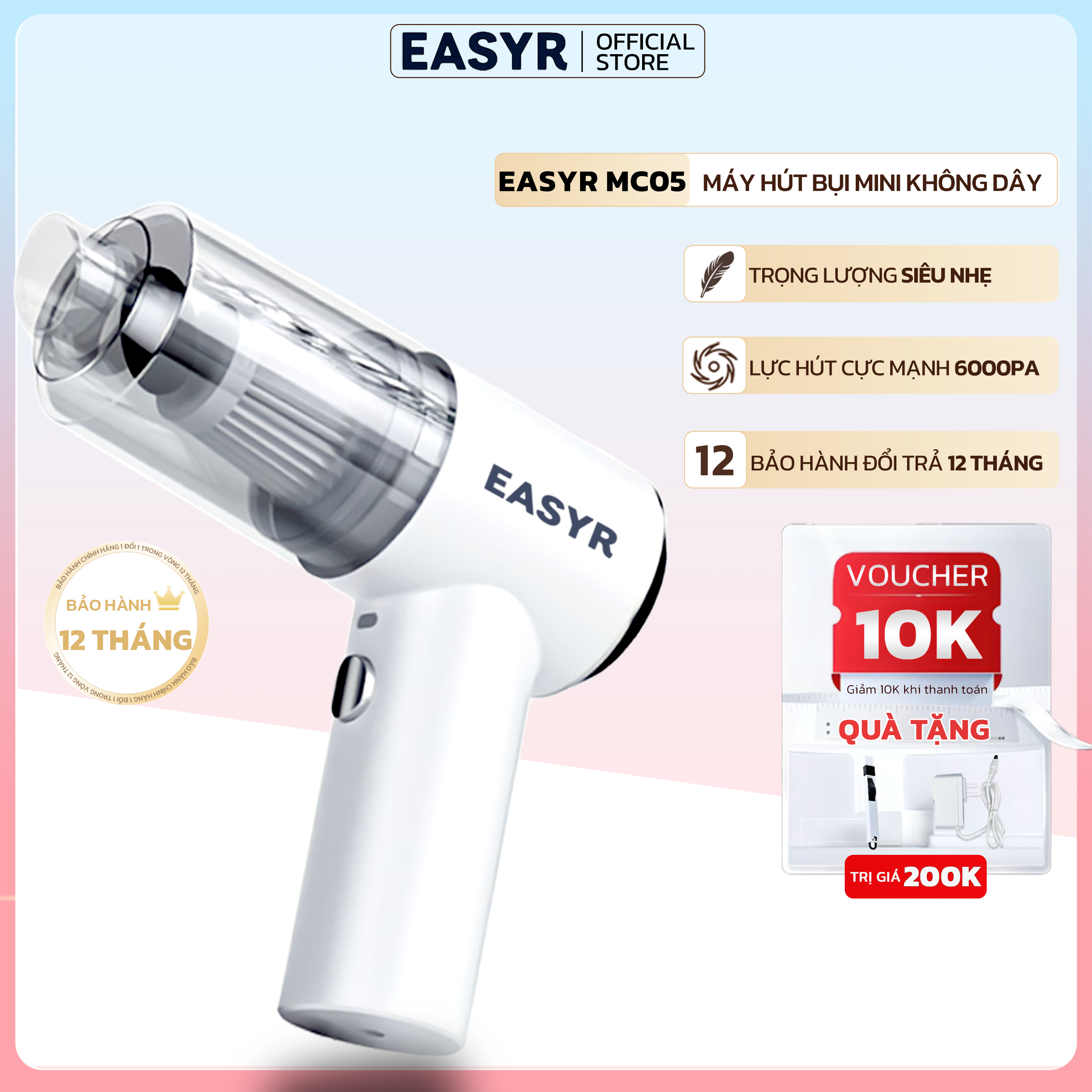 MÁY HÚT BỤI CẦM TAY KHÔNG DÂY SIÊU MINI EASYR, HÚT CỰC MẠNH 6000PA-120W, BẢN CÁP USB CHỈ NHỎ BẰNG IPHONE