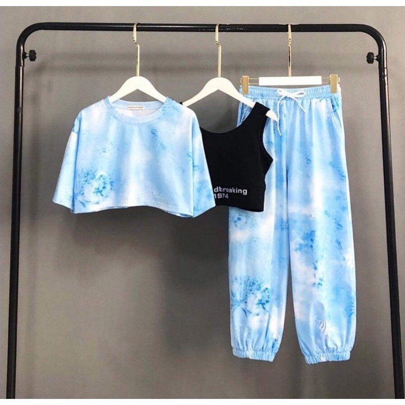 Set 3 món quần loang chun ống kèm 2 áo croptop cá tính