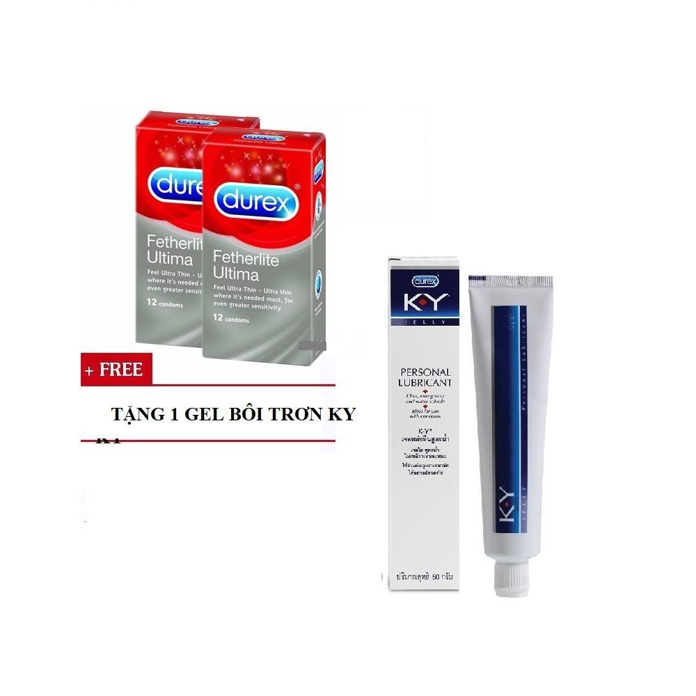 Combo 2 hộp bao cao su siêu mỏng durex fetherlite ultima 12c tặng 1 gel bôi trơn ky 50ml