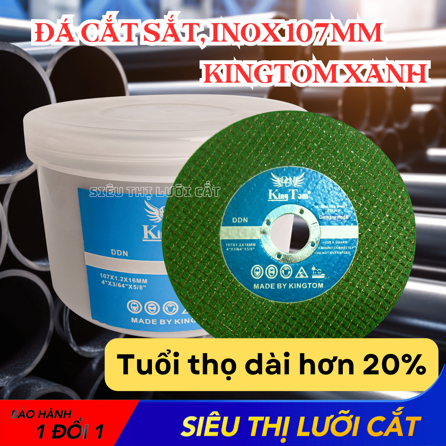Đá Cắt Sắt - Inox Cao Cấp KingTom Xanh 107mm - Hộp 50 Viên