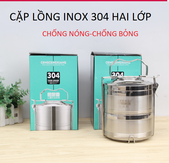 Cặp lồng inox 304 hai lớp giữ nhiệt chống bỏng có nắp chống tràn - cà men hai ngăn inox chân không đựng thức ăn -cơm trưa