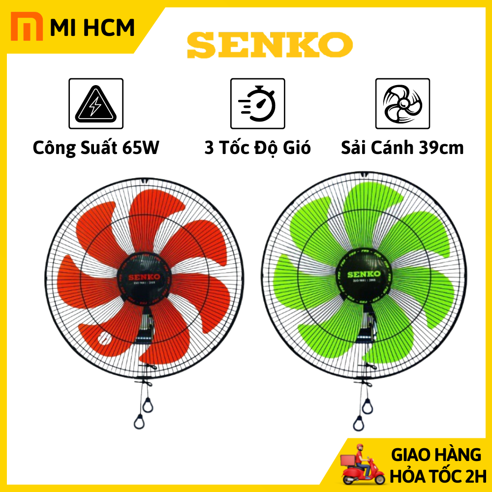 Quạt treo tường senko tc1622 công suất 65w 3 tốc độ gió sải cánh 39cm, quạt điện 7 cánh, quạt treo tường 2 dây