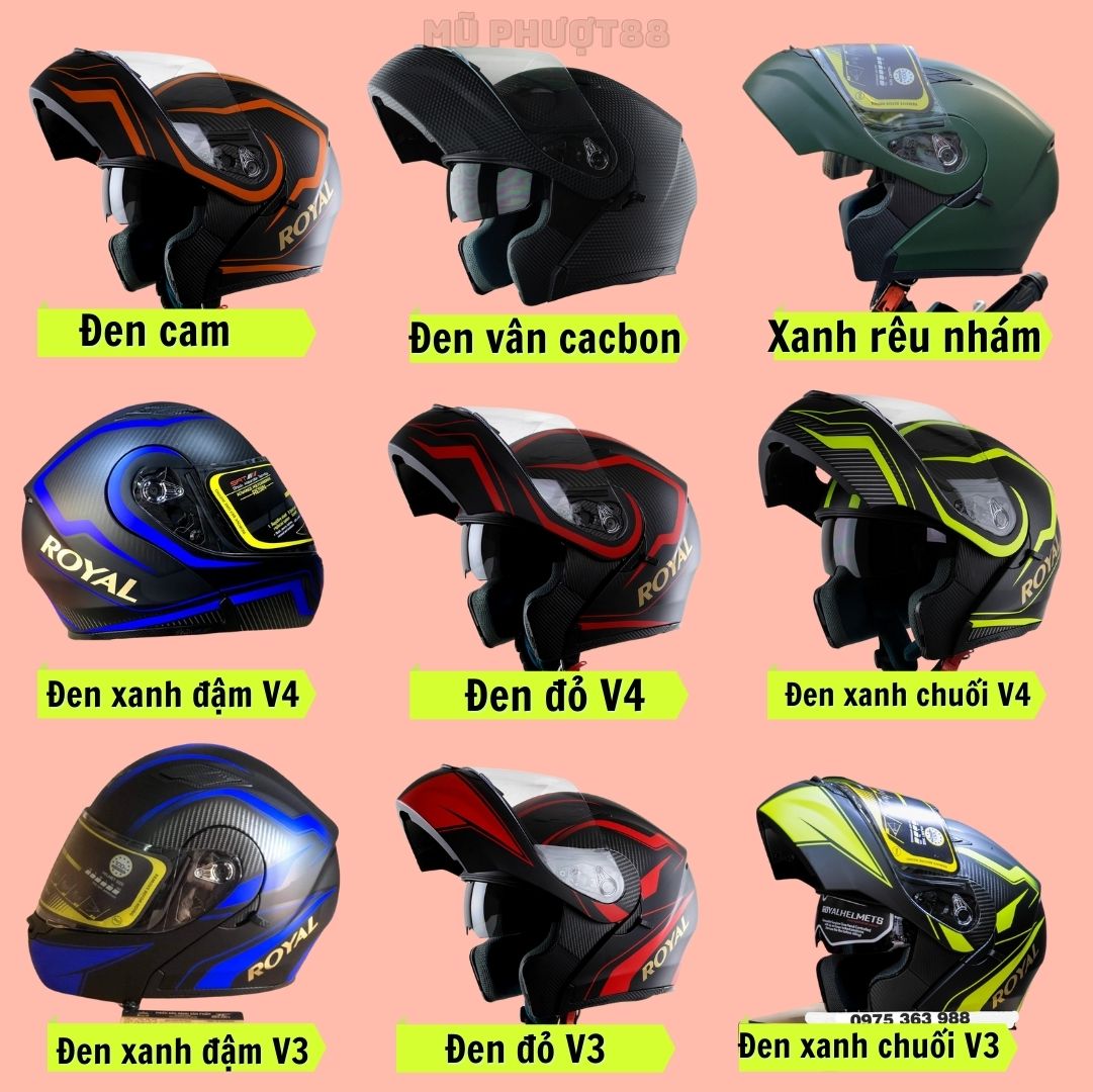 Mũ bảo hiểm Fullface Lật hàm 2 kính Royal M179 - Tem đỏ đen cacbon