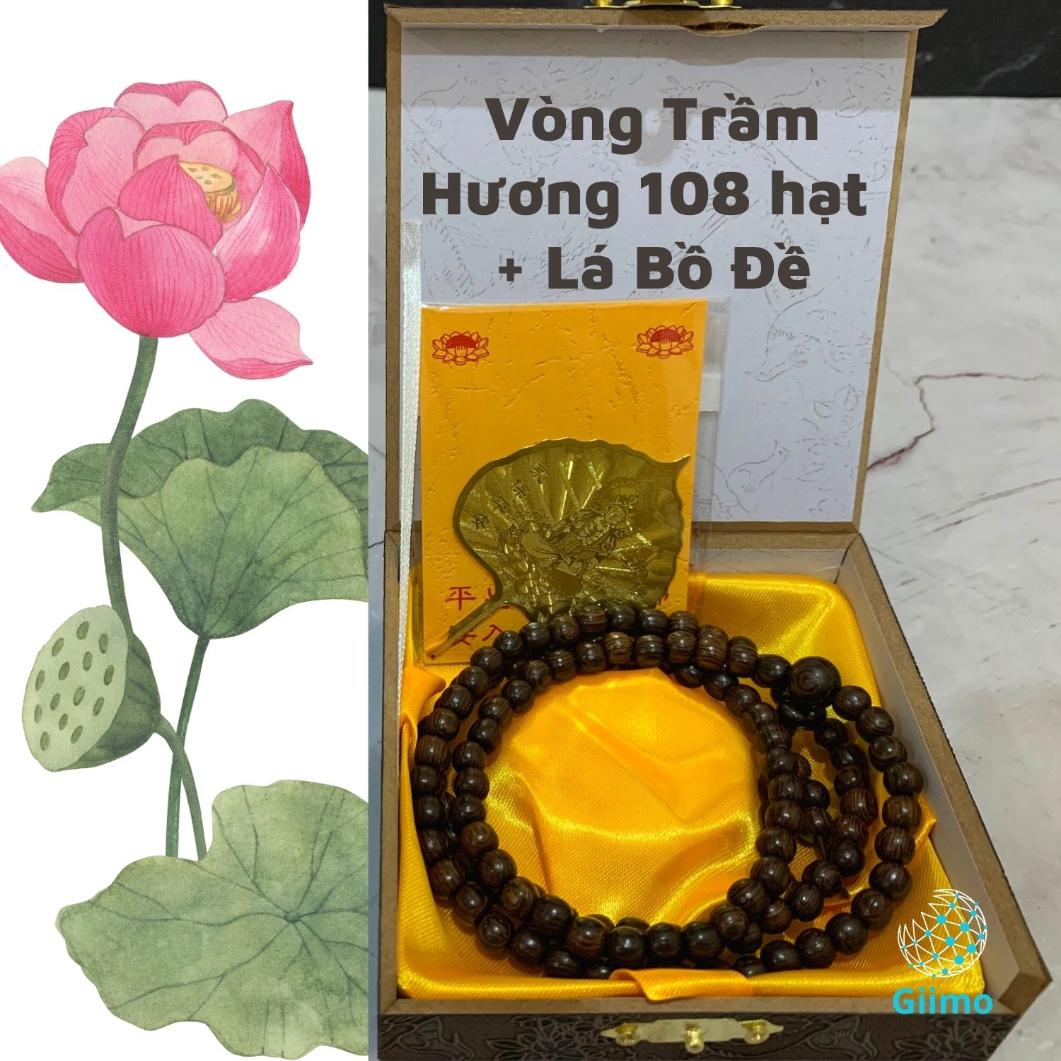 Vòng tay trầm hương chuỗi tràng hạt 108 hạt + Lá bồ đề cho nam và nữ.