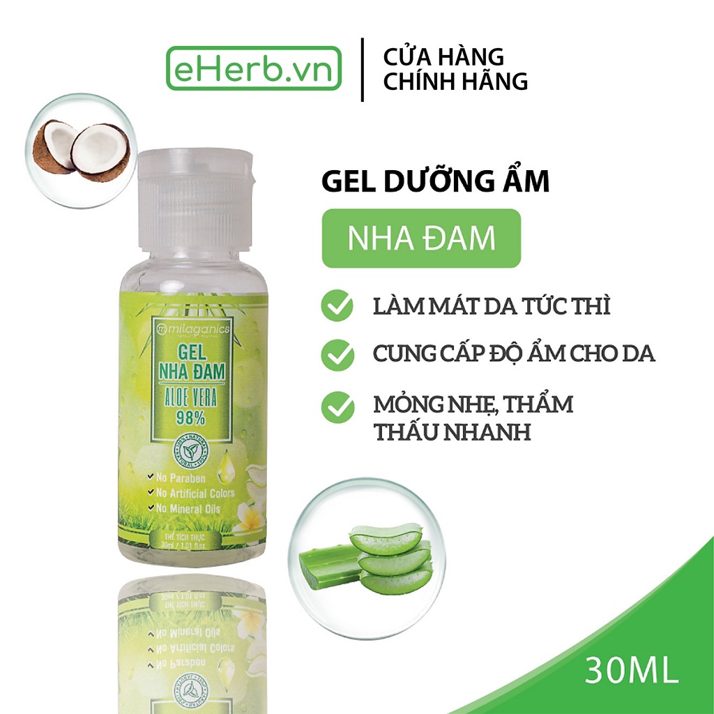 Gel dưỡng ẩm nha đam nguyên chất - 98% aloe vera gel milaganics 30ml