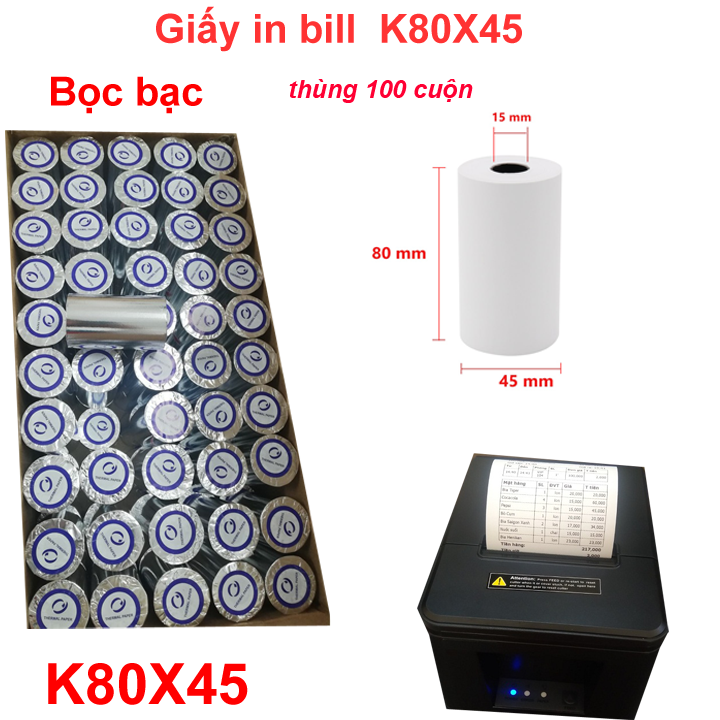 Giấy in hóa đơn, giấy in nhiệt K80x45 thùng 100 cuộn