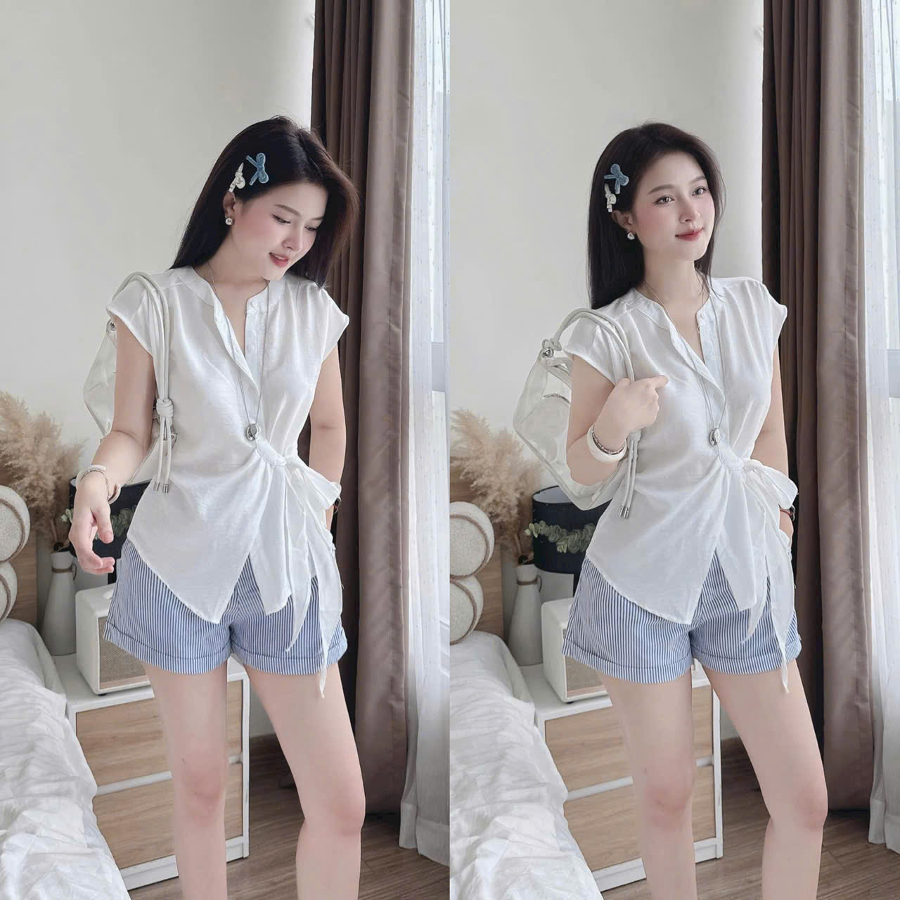  Set bộ thời trang nữ chất Đũi cao cấp áo cổ tròn có nút cài tay ngắn có dây nơ eo kiểu mix quần Kaki hoạ tiết sọc 