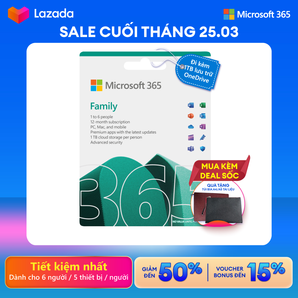 [FAMILY] Phần mềm Microsoft 365 FAMILY | 12 tháng | Dành cho tối đa 6 người| 5 thiết bị/người | Word, Excel, PowerPoint | 1TB OneDrive