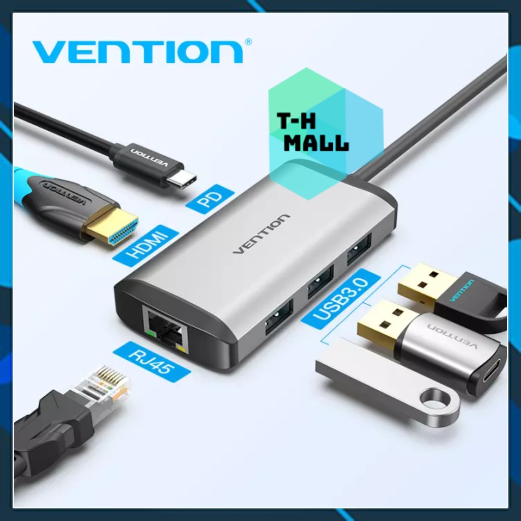 Bộ chuyển đổi hub 6 trong 1 vention type c to usb3.0 / hdmi / pd / rj45 6 in 1 cho laptop macbook
