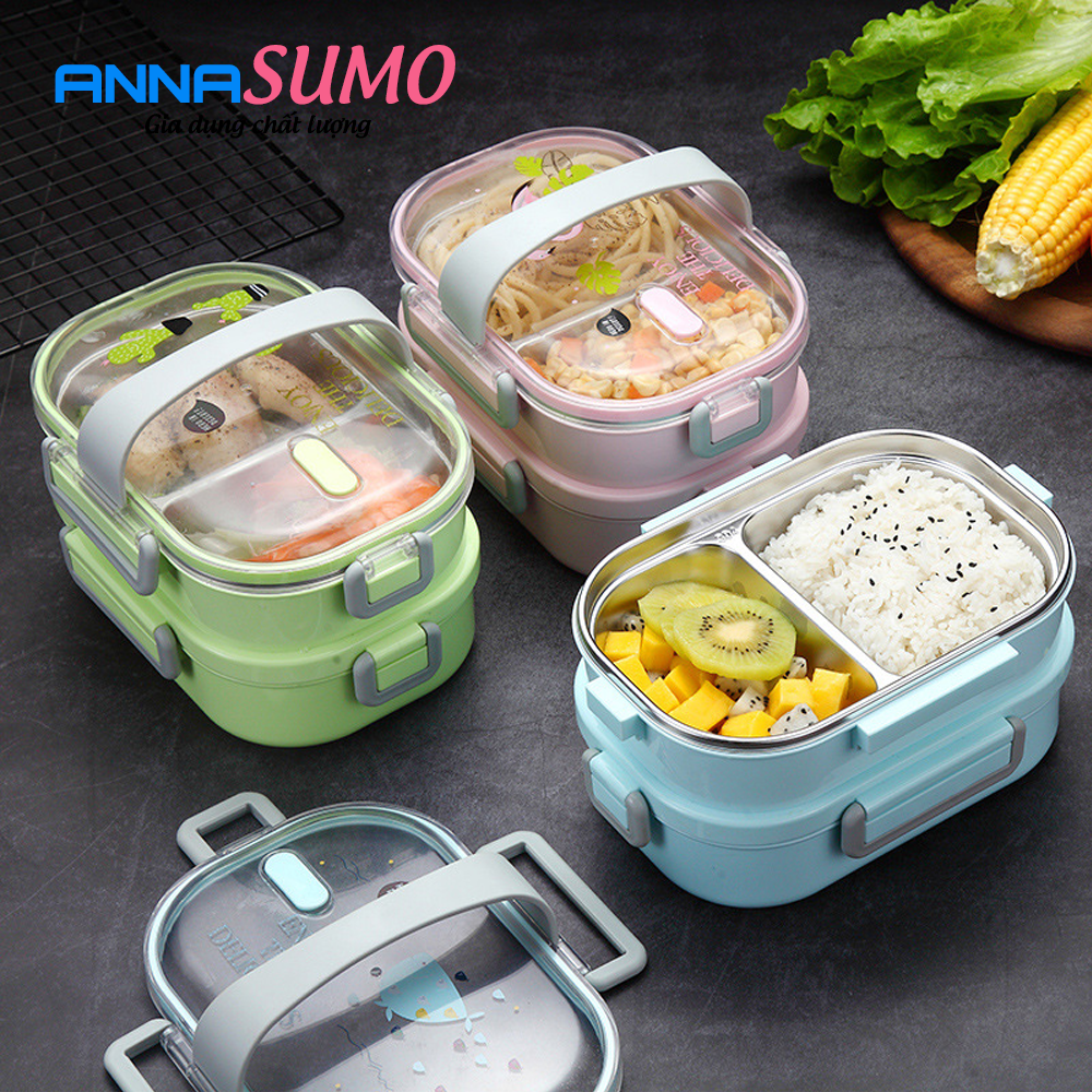 Hộp cơm giữ nhiệt 2 tầng Katie Cao Cấp Lõi Inox 304 chống tràn tuyệt đối, hộp cơm trưa cho dân văn phòng nắp trong suốt, hộp đựng cơm trưa, hộp cơm lõi inox