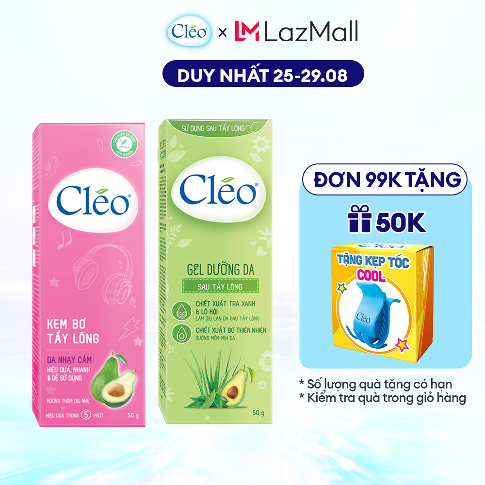 Combo Kem tẩy lông Cléo dành cho da nhạy cảm, an toàn, hiệu quả trong 5 phút, không đau rát 50g và Gel dưỡng da sau tẩy lông 50g