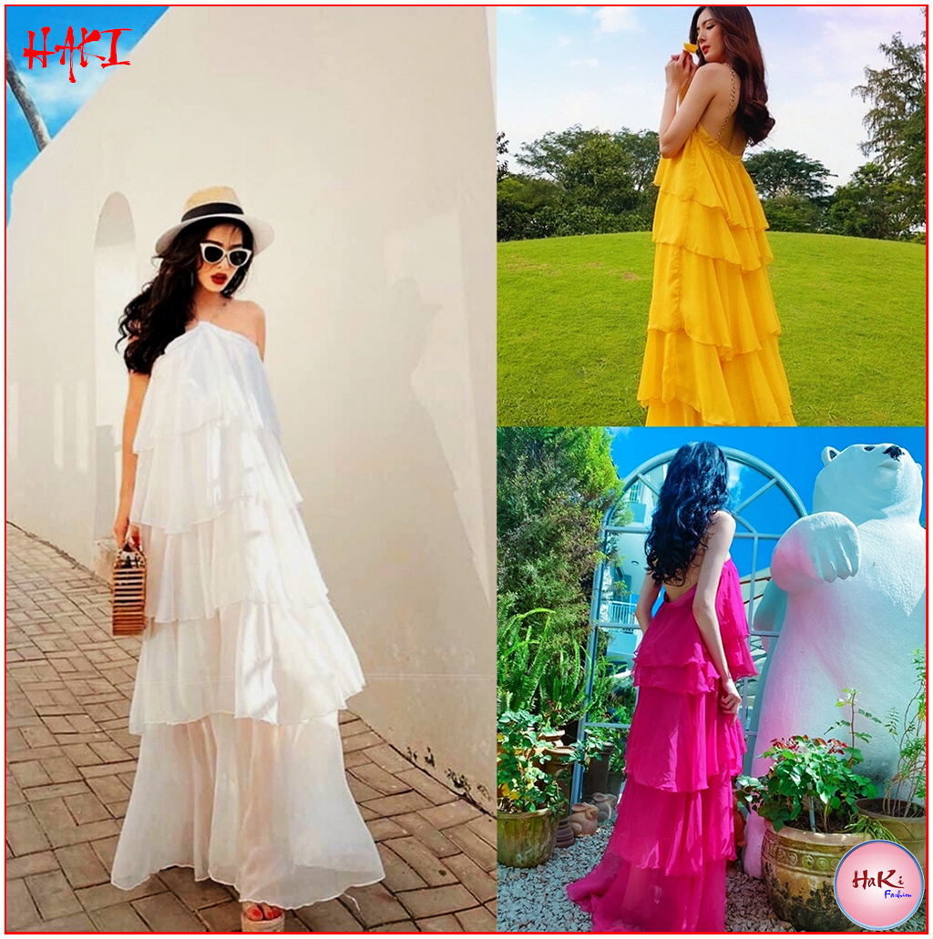 Đầm váy maxi nữ xòe tầng tiểu thư công chúa dáng dài kỉ yếu đi biển cổ yếm xích có mút ngực siêu xinh HAKI MSP130