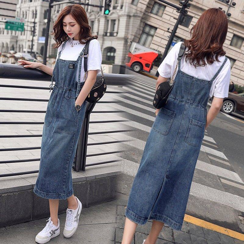 Váy Hai Dây Denim Dáng Rộng Mới Cho Nữ, Yếm Dài Dưới Đầu Gối Ngoại Cỡ Chân Váy Midi418tt