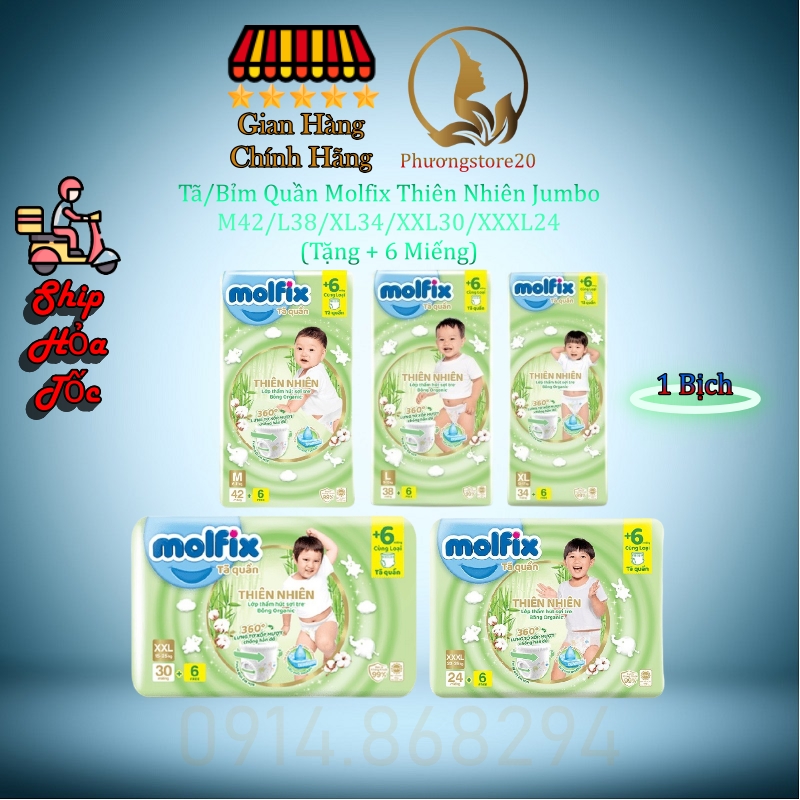 (Hoả Tốc HCM) Bỉm Molfix Tã Quần/Miếng Lót Thiên Nhiên Jumbo Size M46/L42/XL38/XXL34/XXXL30/NB1/NB2 (Bibistore)