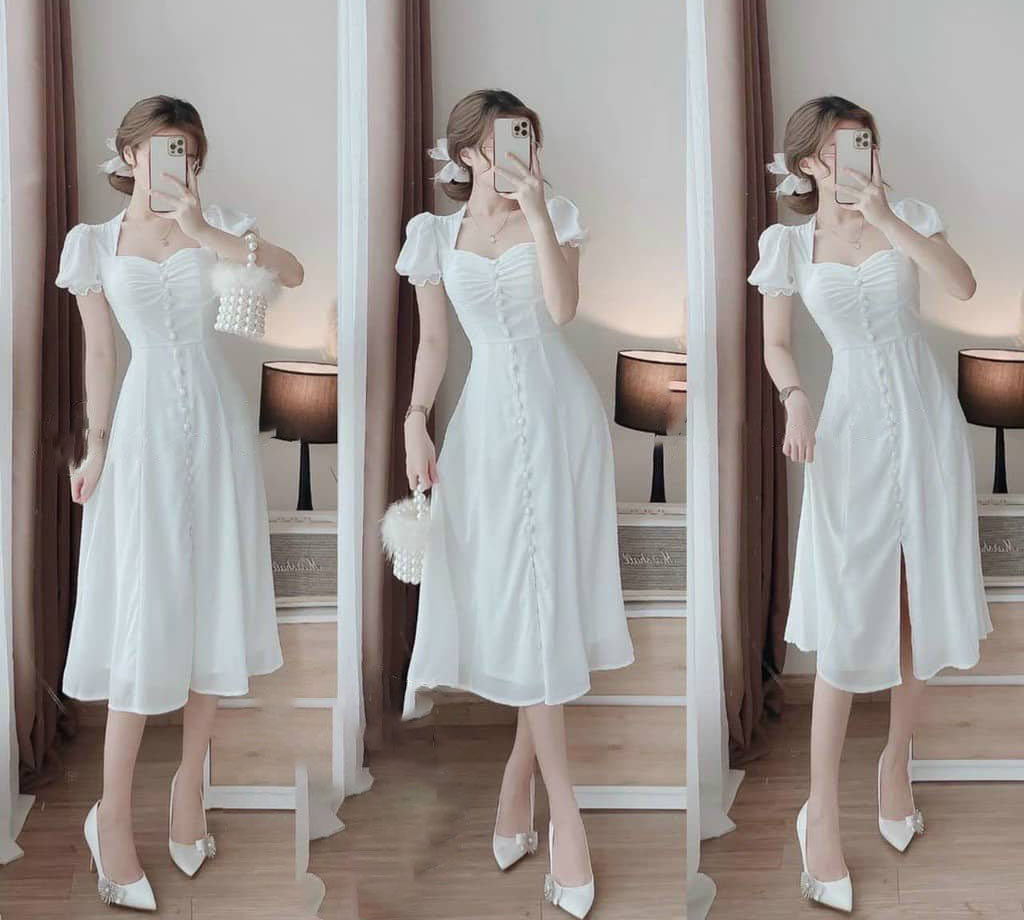 Đầm nữ kiểu dáng phối nút trắng tinh khôi tiểu thư thích hợp dự tiệc thời trang HARI