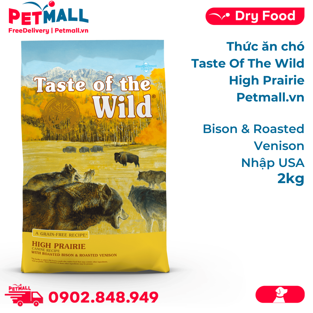 Thức ăn chó Taste Of The Wild High Prairie 2kg - Bison & Roasted Venison - thịt bò rừng nhập USA Petmall