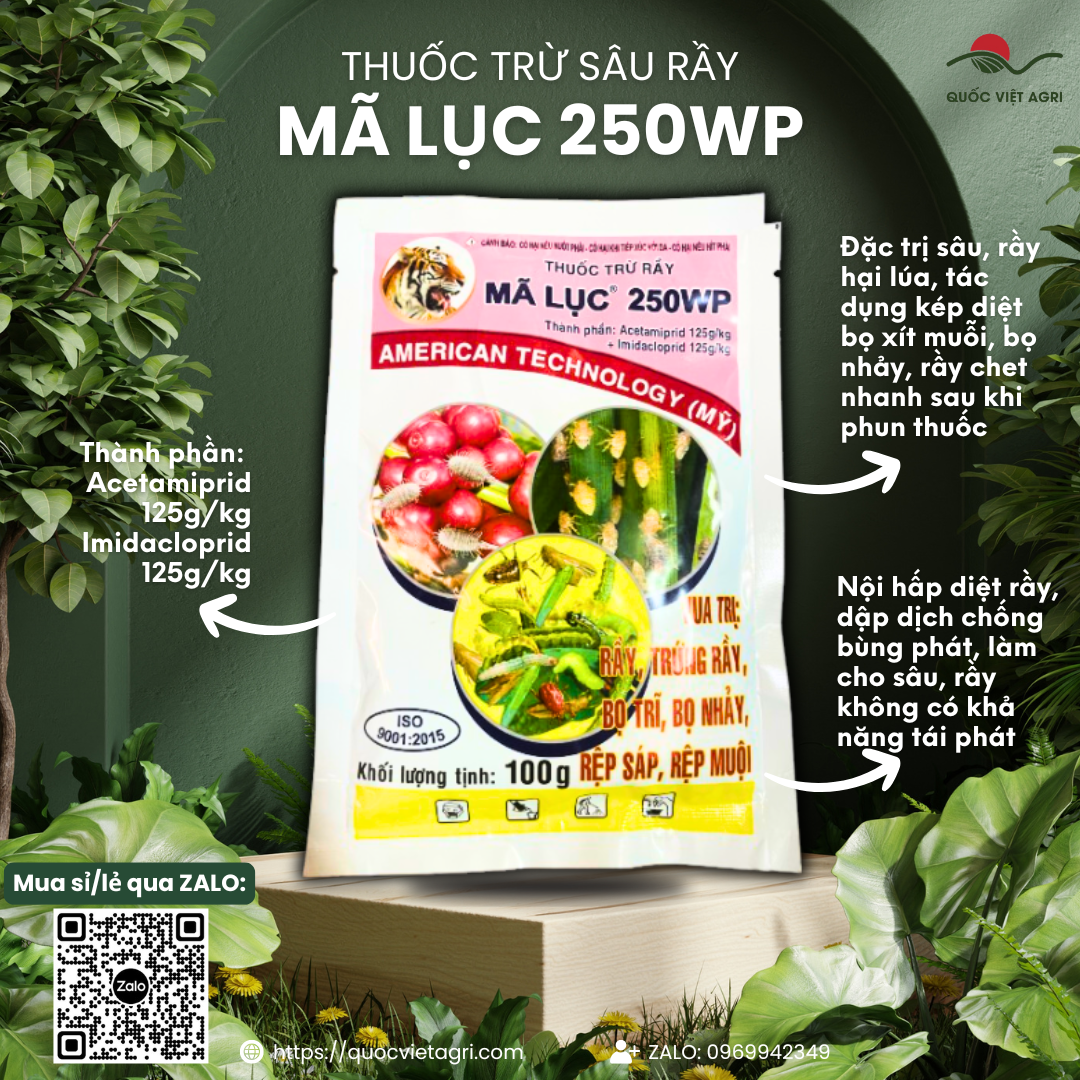 (1 gói - 20 gói) Thuốc trừ sâu rầy MÃ LỤC 250WP (100g) - Acetamiprid 125g/kg + Imidacloprid 125g/kg Diệt trừ rầy, trứng rầy, bọ trĩ, bọ nhảy, rệp sáp, rệp muội