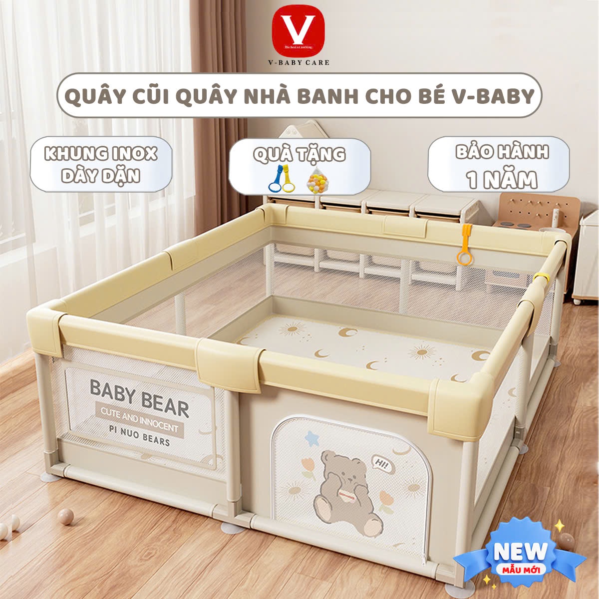 (KÈM QUÀ TẶNG) Quây Bóng V-BABY 2025, Nhà Bóng Cho Bé Khung Inox S1 Gấu Beige Và Khủng Long