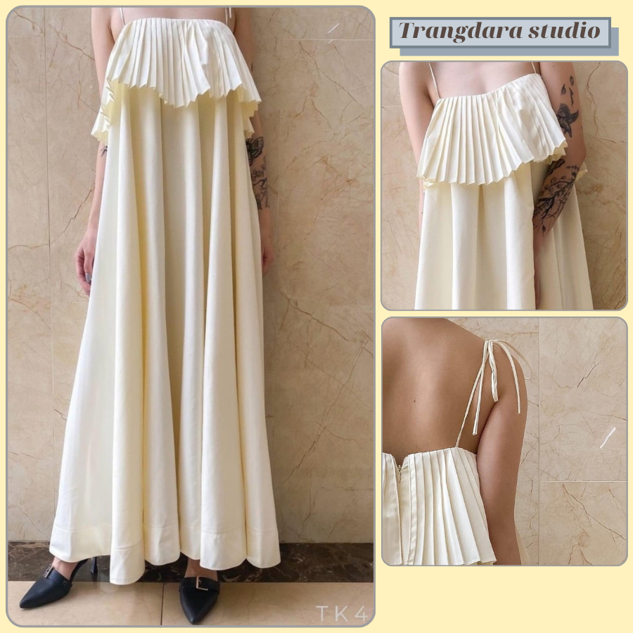 Đầm maxi dài dáng xòe 2 dây cột nơ bèo dập ly ngực