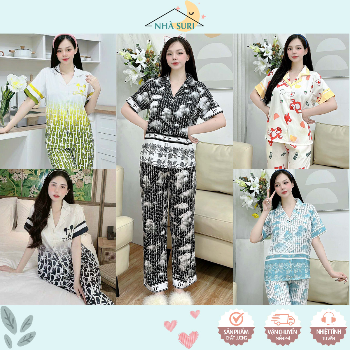 Đồ bộ ngủ pizama mặc nhà tay ngắn quần dài lụa xước in 5D cao cấp