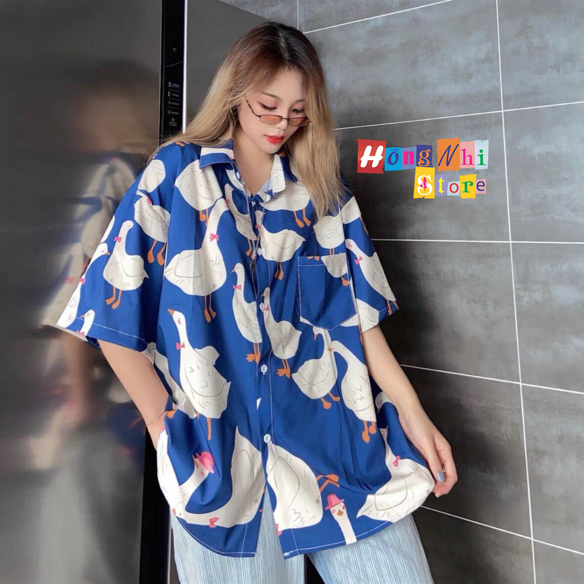 Áo sơ mi họatiết hoạt hình con vịt tay lỡ dáng rộng ulzzang unisex, sơ mi đi biển - mm