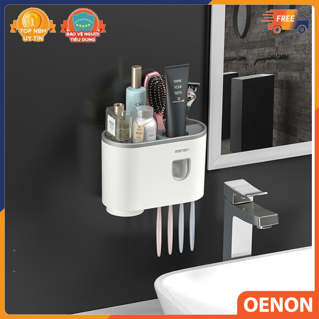 Kệ Treo Bàn Chải Đánh Răng Nhà Tắm Dán Tường tích hợp nhả kem đáng răng tự động kèm cốc hút từ tính thương hiệu OENON - Hàn Quốc