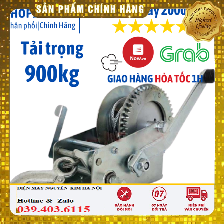 Tời quay tay 2000 lbs tải trọng 908 kg có cáp móc 10 mét