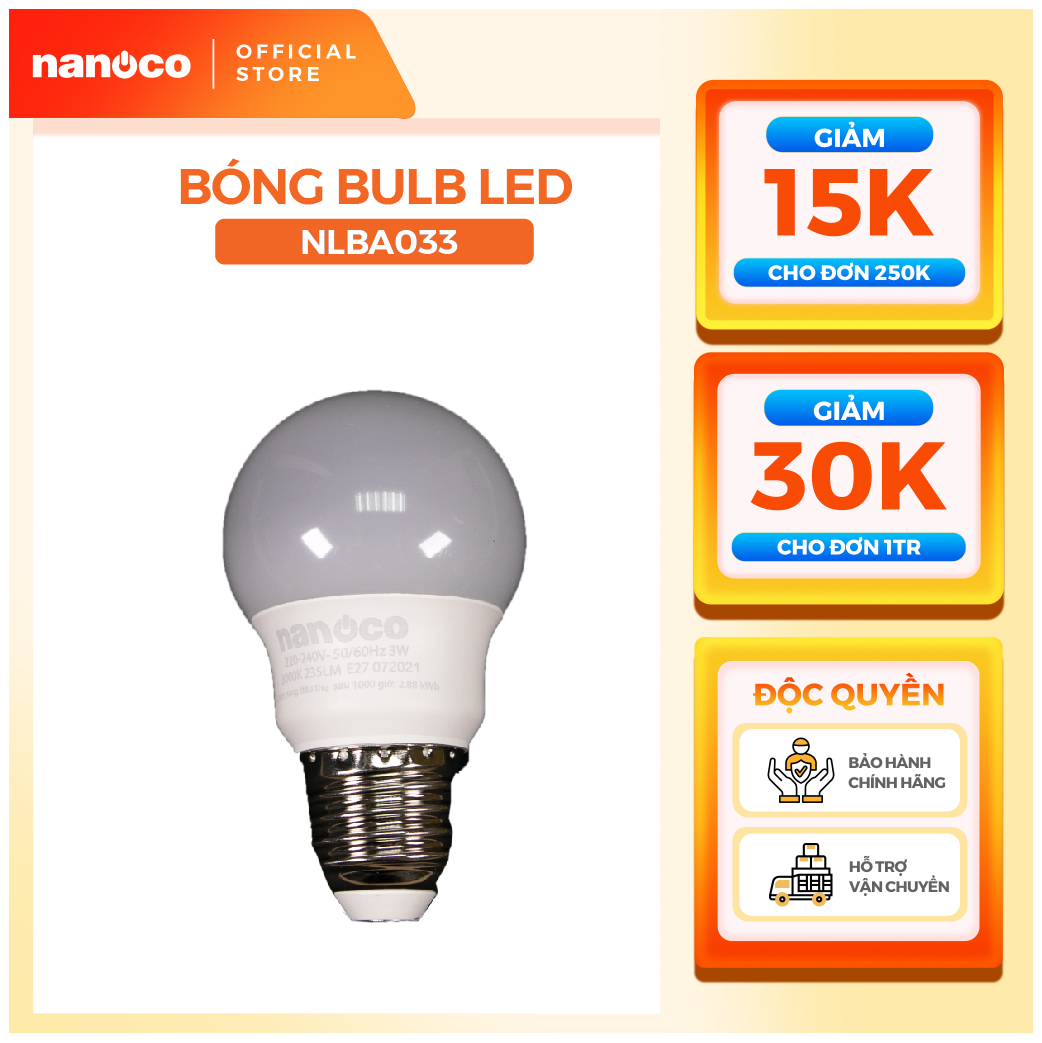 Bóng bulb led e27 nanoco 3w/ 5w/ 7w/ 9w - ánh sáng trắng, vàng