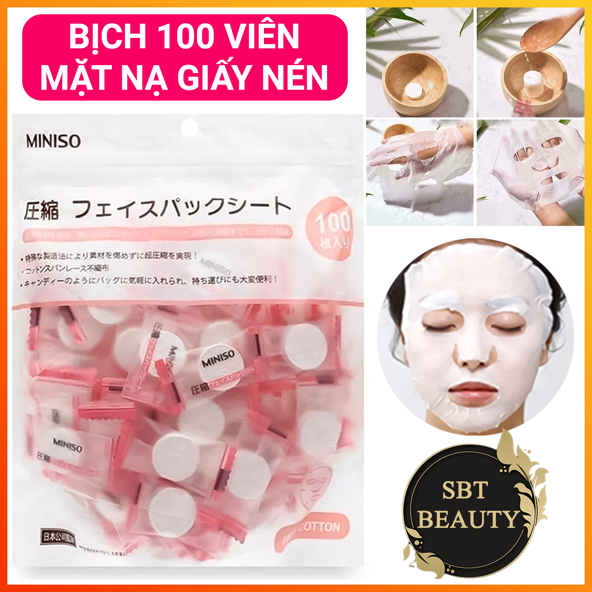  Bịch Chứa 100 Viên Mặt Nạ Giấy Nén MINISO Nhật Bản – Dưỡng Da Mặt Kết Hợp Với Các Loại Dưỡng Chất Như Nước Hoa Hồng Serum Lotion Nước Ép Hoa Quả 