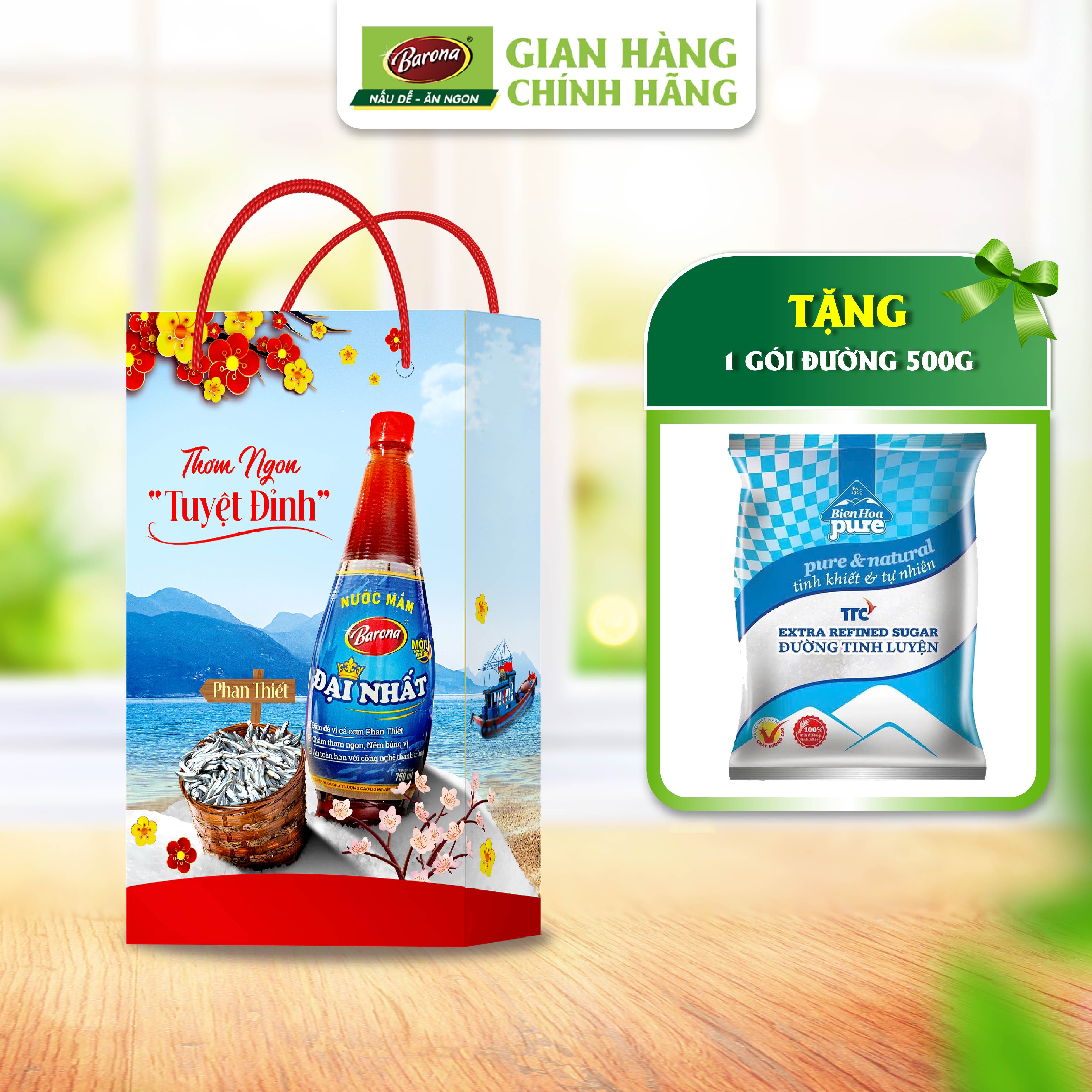 Combo 2 chai Nước Mắm Barona Đại Nhất 12 độ đạm - 750ml, [Tặng 1 gói đường 500gr + Tặng 1 hộp Xuân]