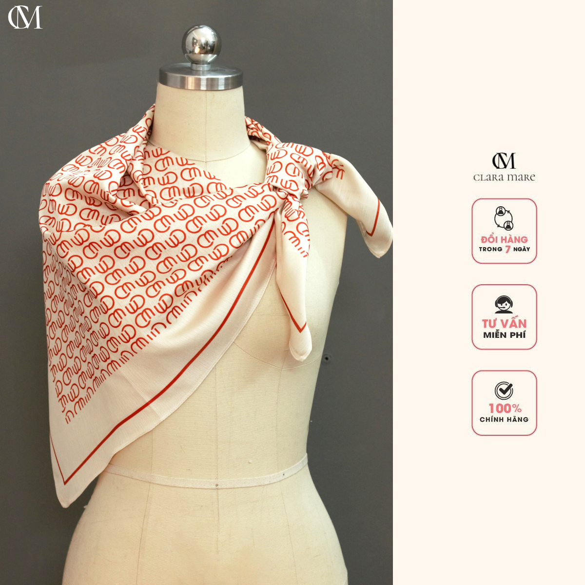Khăn lụa in logo Clara Mare ACC0008 - Khăn quàng vai đi biển thời trang cho nữ - Khăn lụa đa năng tiện lợi, dễ phối đồ, dùng khoác ngoài, làm áo yếm