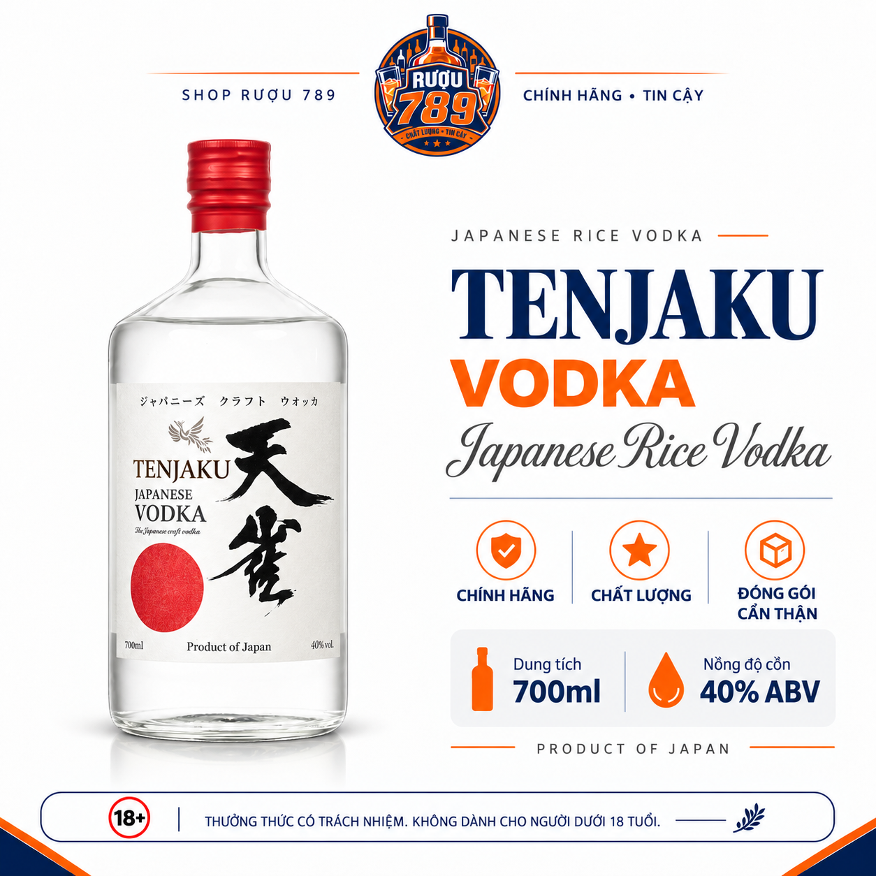 Rượu Vodka Tenjaku Japanese Rice 700ml 40% Nhật Bản Chính hãng, Rượu 789